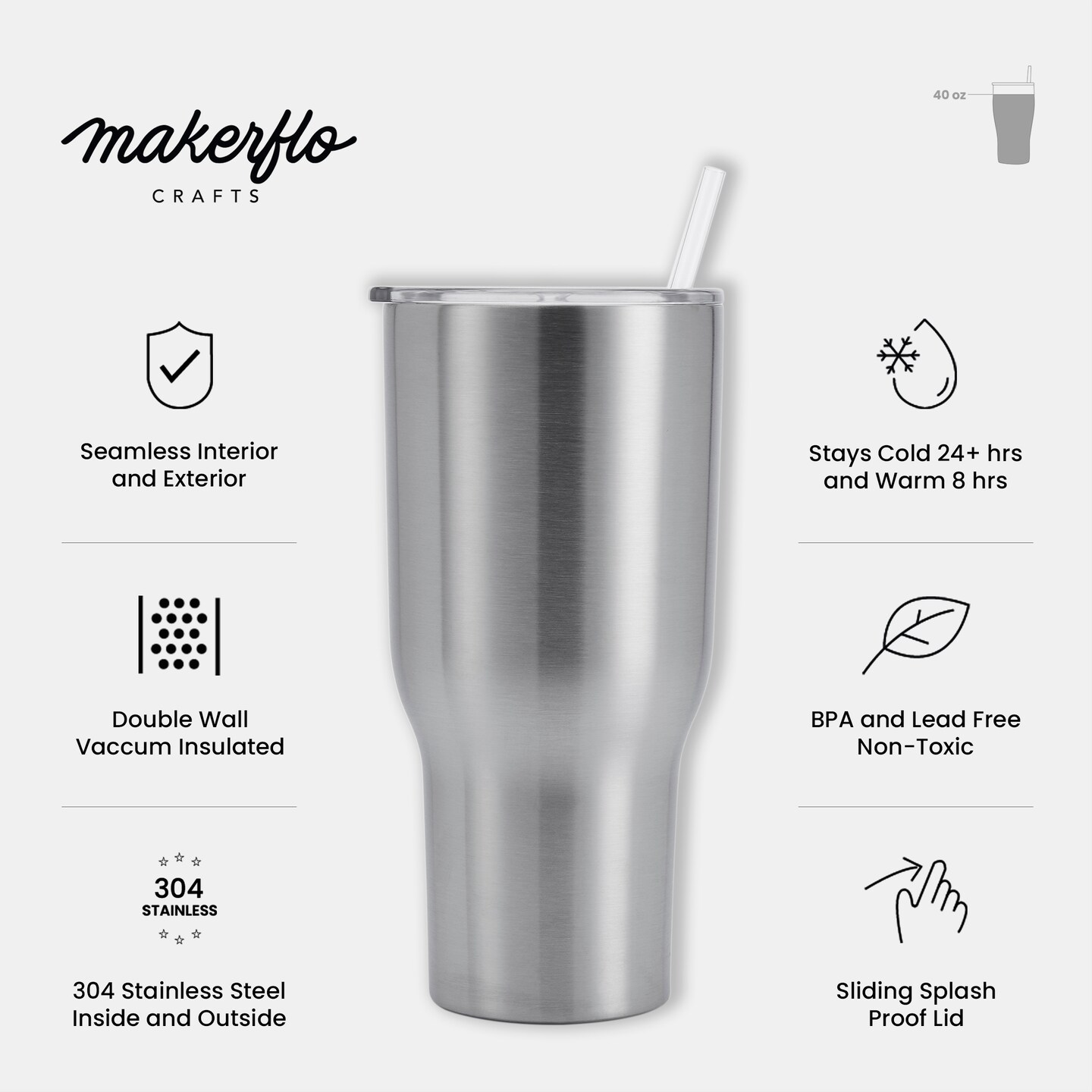 Makerflo 40 oz Stainless Steel Sublimation Tumbler with Lid & Straw | Craft-Ready for DIY Gifts & Personalization (Sublimation, Epoxy, UV DTF, Vinyl, and Laser Engraving)