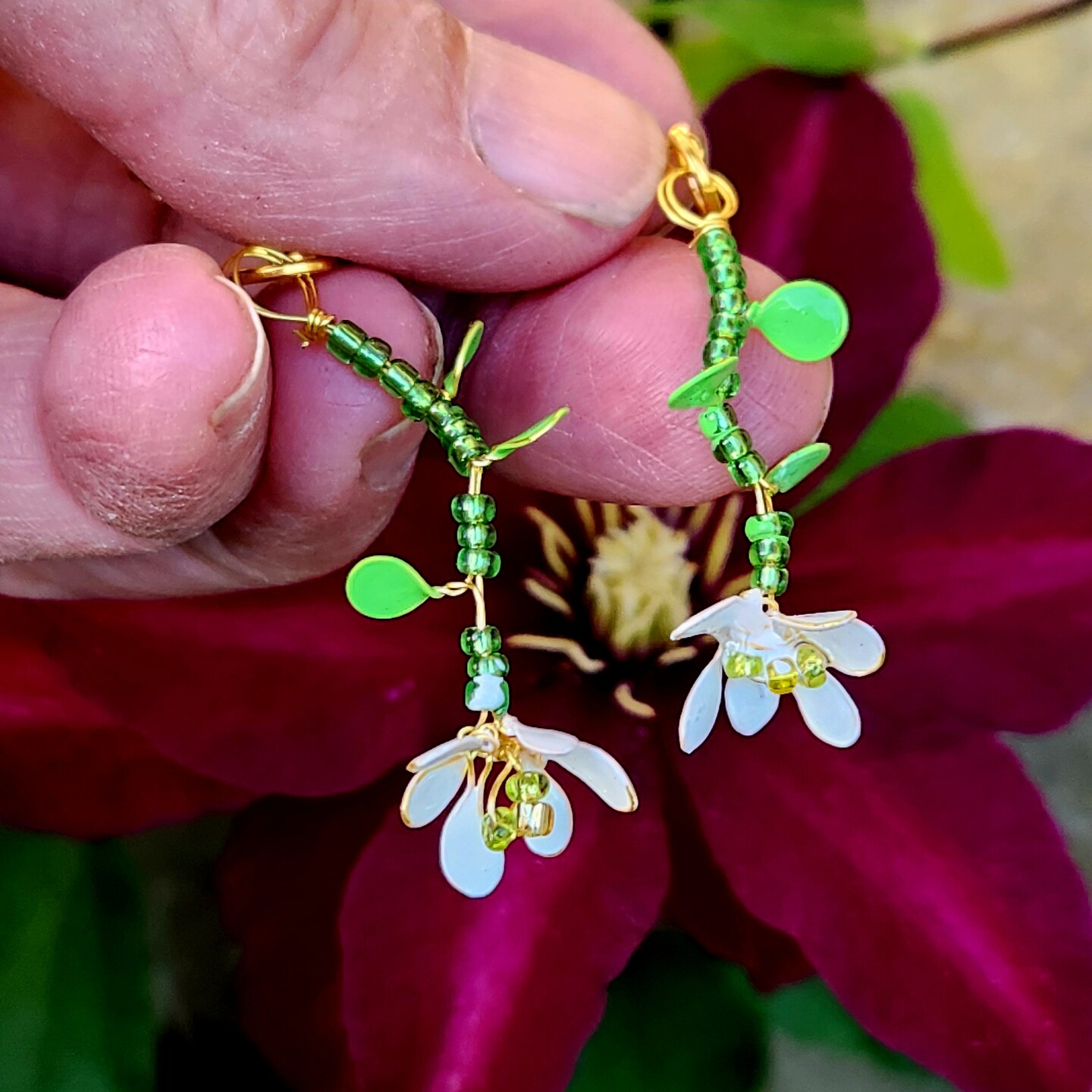 Beaded White Daisy Dangling Earrings with Gold Wire Wrapping. Hand