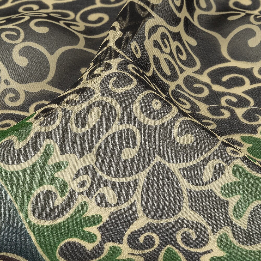 1 Yard Silk Chiffon Fabric Blue Green Brown Abstract Border Print Deadstock 44 inch Width