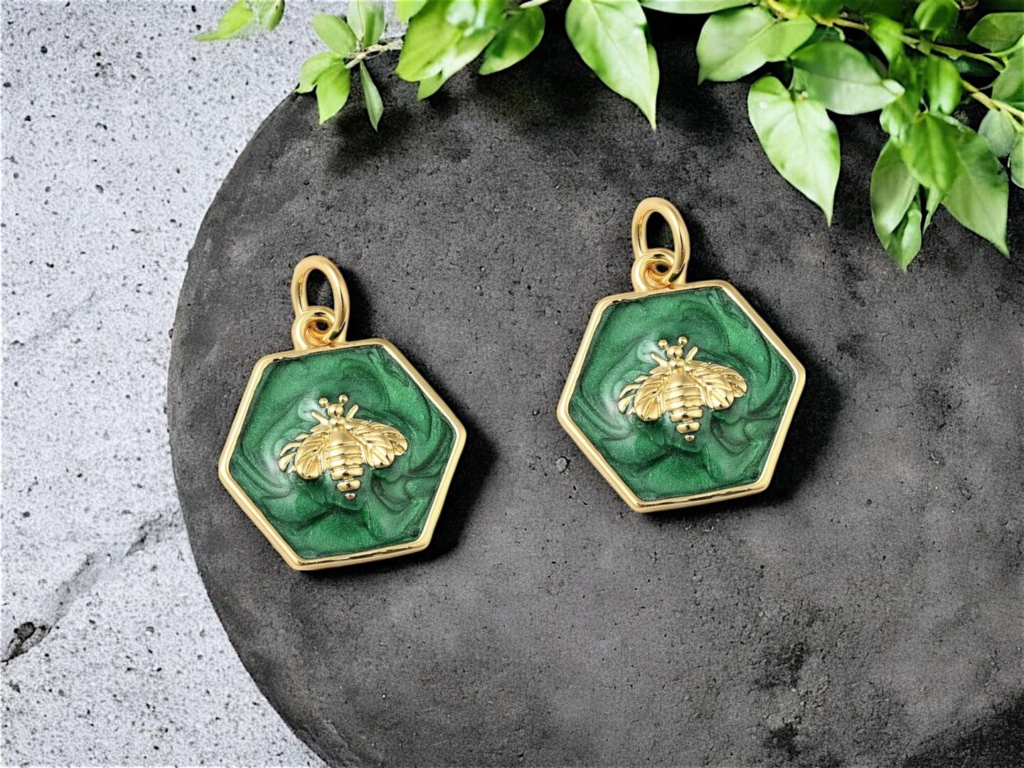 *2* 15x14mm 18k Gold Plated Green Enamel Bee Charms