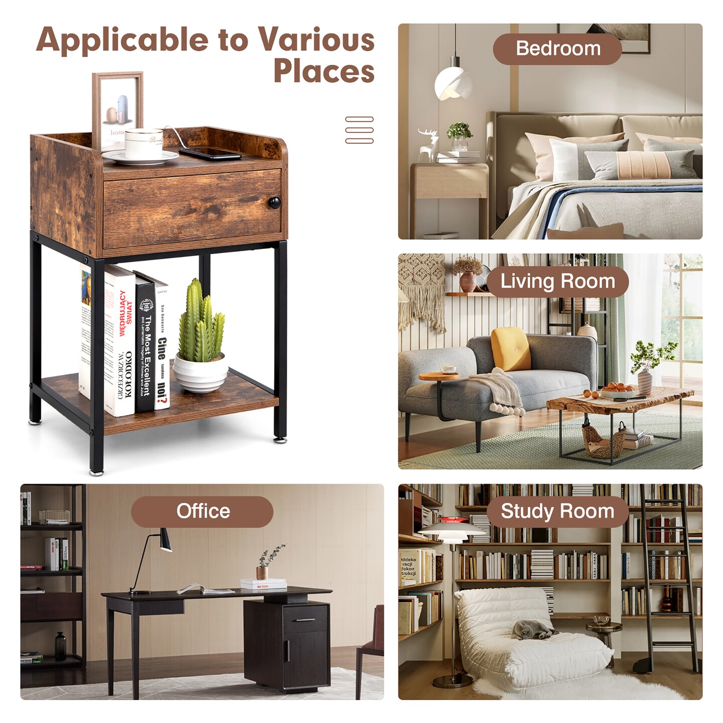 Costway Nightstand W/ Charging Station Sofa Side Table Storage Cabinet Shelf End Table