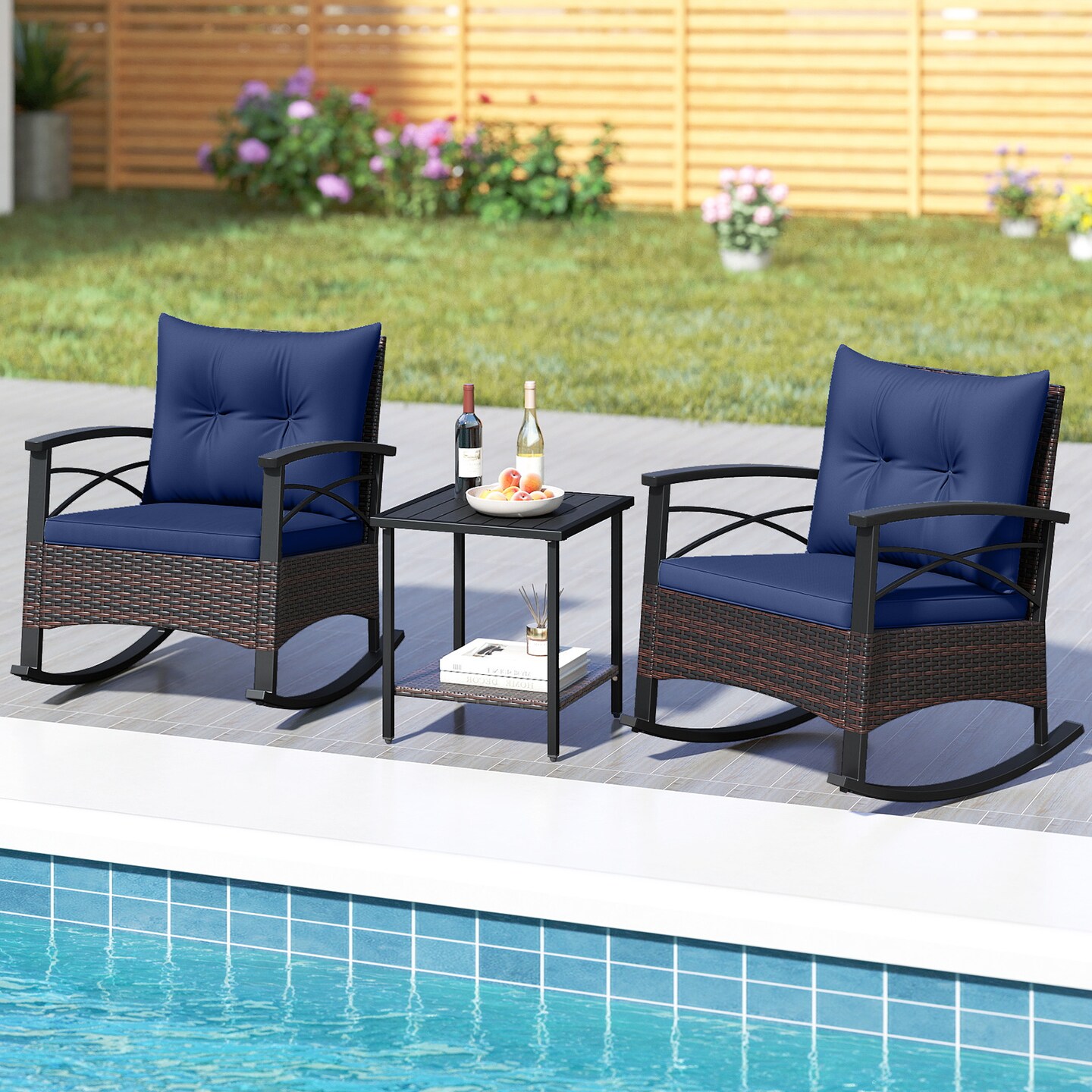 PE Rattan 3-Piece Rocking Bistro Set with Acacia Wood Top Table