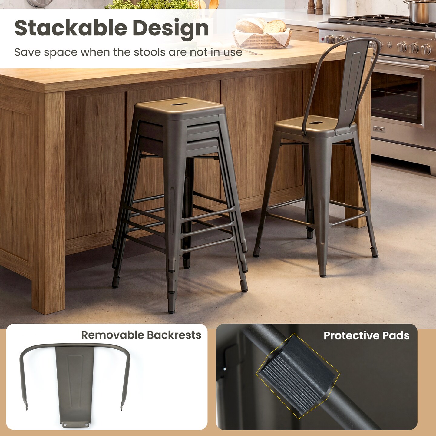Metal Bar Stools Stackable Metal Counter Height Seats 24 Inch 4 Pack