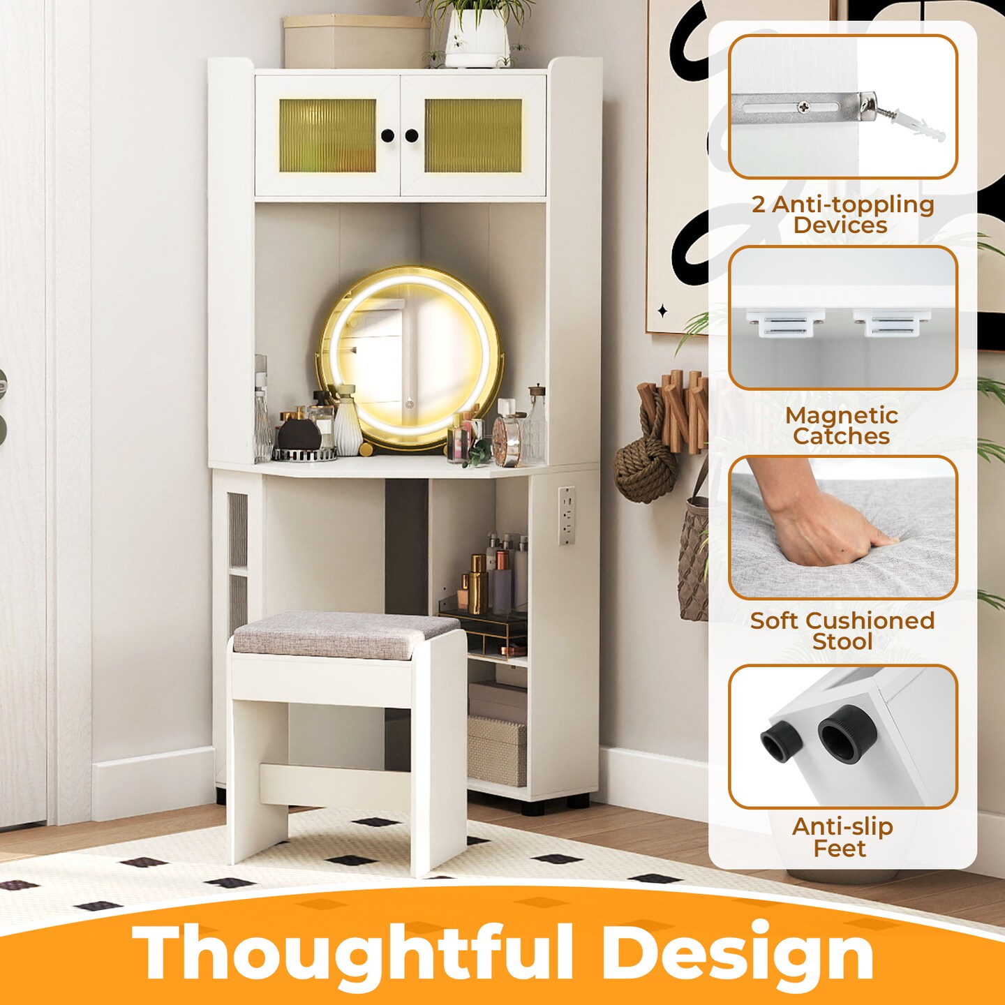 White Corner Vanity Table with Rotating Mirror LED Lights Storage Stool