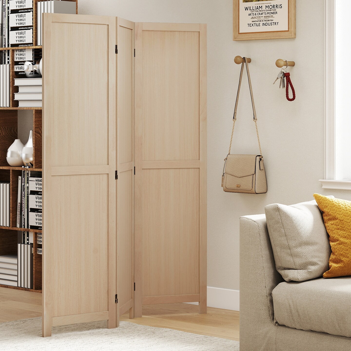 Beige Wood Room Divider Folding 3 Panel Privacy Screen Rubber Wood