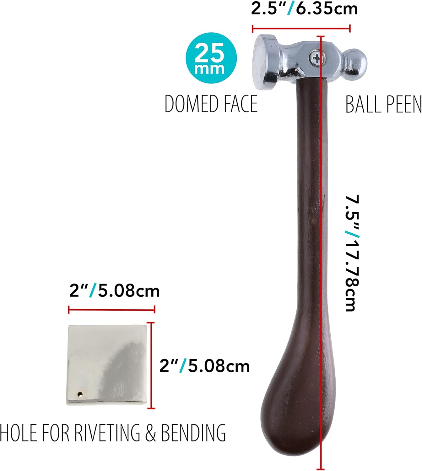 The Beadsmith Chasing Hammer & Bench Block – Wire Elements – Two-Sided Hammer, 7.5”, Wood Handle – 2” Steel Block with Hole for Riveting & Bending – Tools for Metalworking, Stamping & Jewelry Making