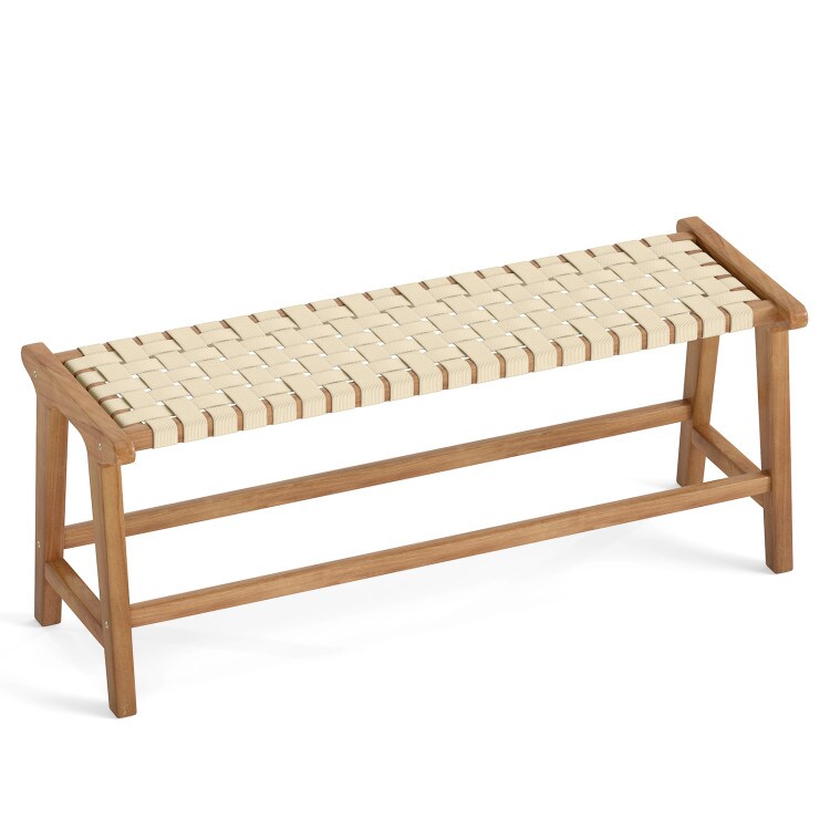 Natural-Beige Teak Wood Backless Bench with Woven Seat for Indoor and Outdoor