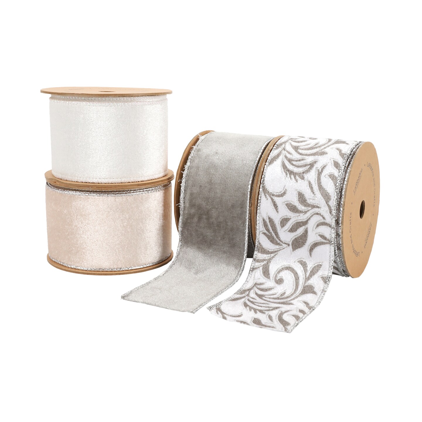 LaRibbons 2 1/2" Wired Ribbon "Scroll" White/Silver, 10 Yard Roll