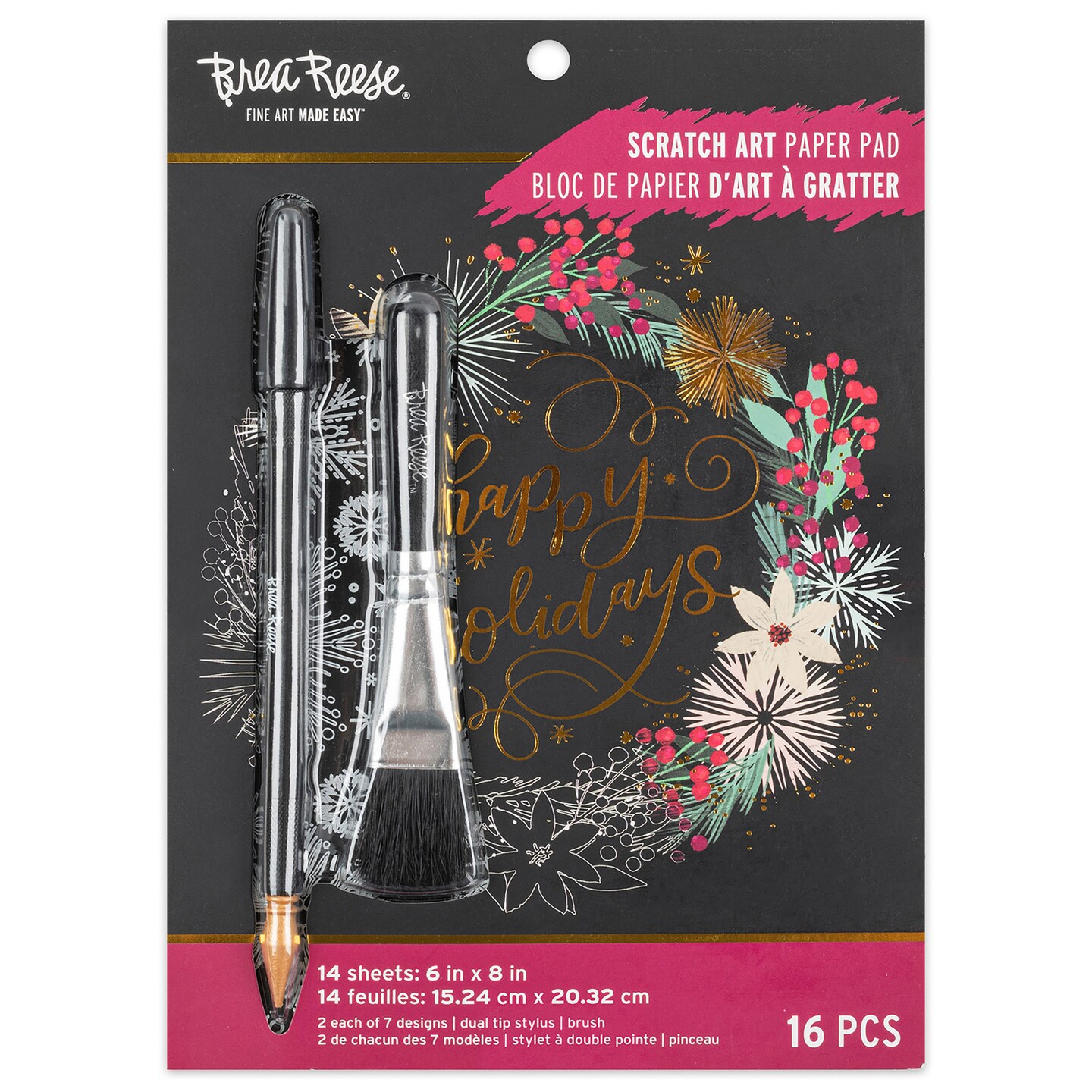 Brea Reese: Scratch Art Paper Pad - Art Deco Holiday - 14 6x8&#x22; Pages, Reveal 7 Seasonal &#x26; Festive Holiday Designs, Metallic Pops, Adult Craft Kit