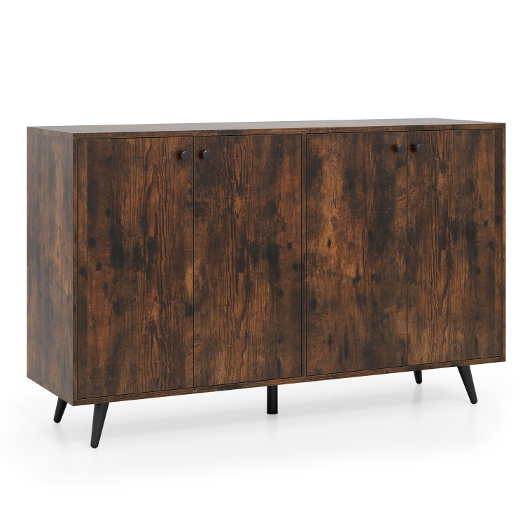 Rustic Brown-Black Engineered Wood 4-Door Buffet Sideboard with Shelves