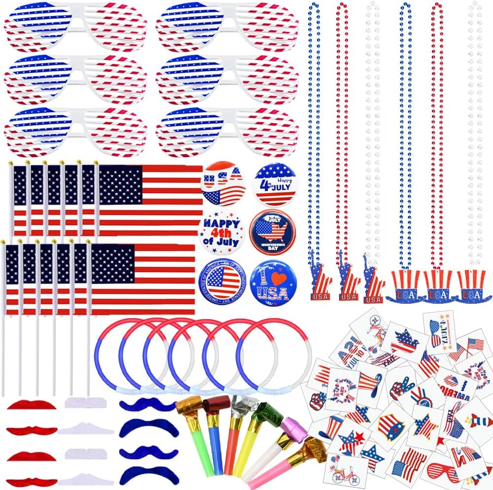 4th of July Party Favors, 126 Pcs Patriotic Accessories USA Flags Sunglasses Necklaces Glow Sticks(Blue, White, Red)