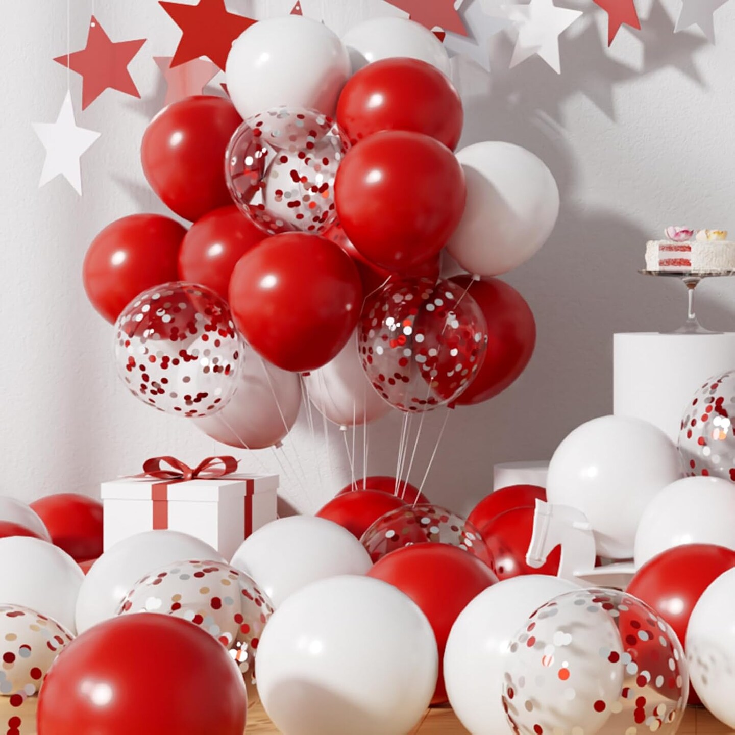 Metallic Red and White Balloons 12Inch 73PCS White Red Confetti Latex Balloons Shiny Helium Balloon Set
