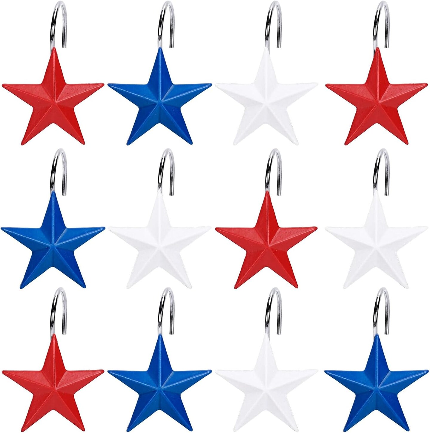 12Pcs Patriotic Stars Shower Curtain Hooks 4th of July Independence Day Decorative(Red, White, and Blue)