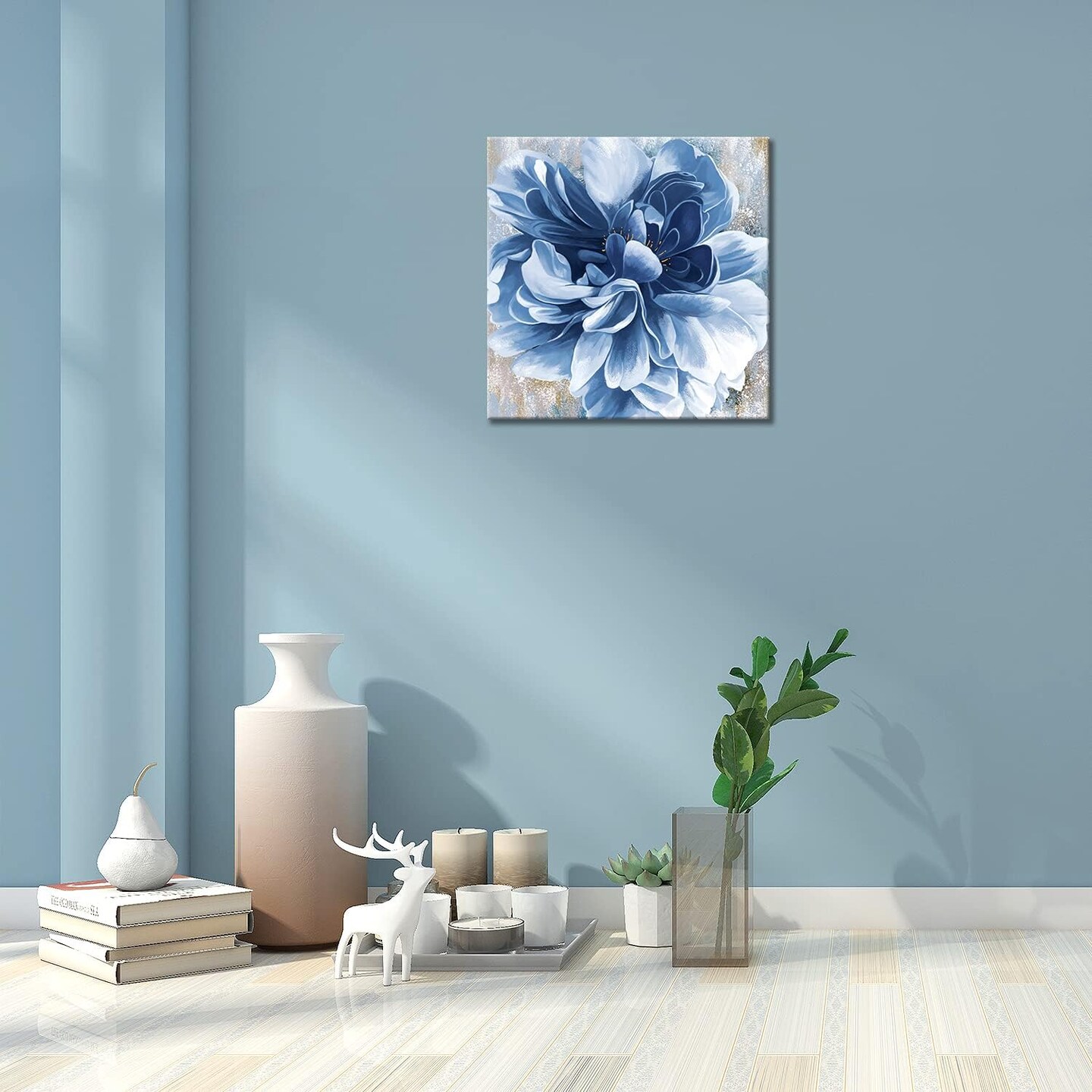 Blue Flower Wall Art,Navy Blue Floral Canvas Print