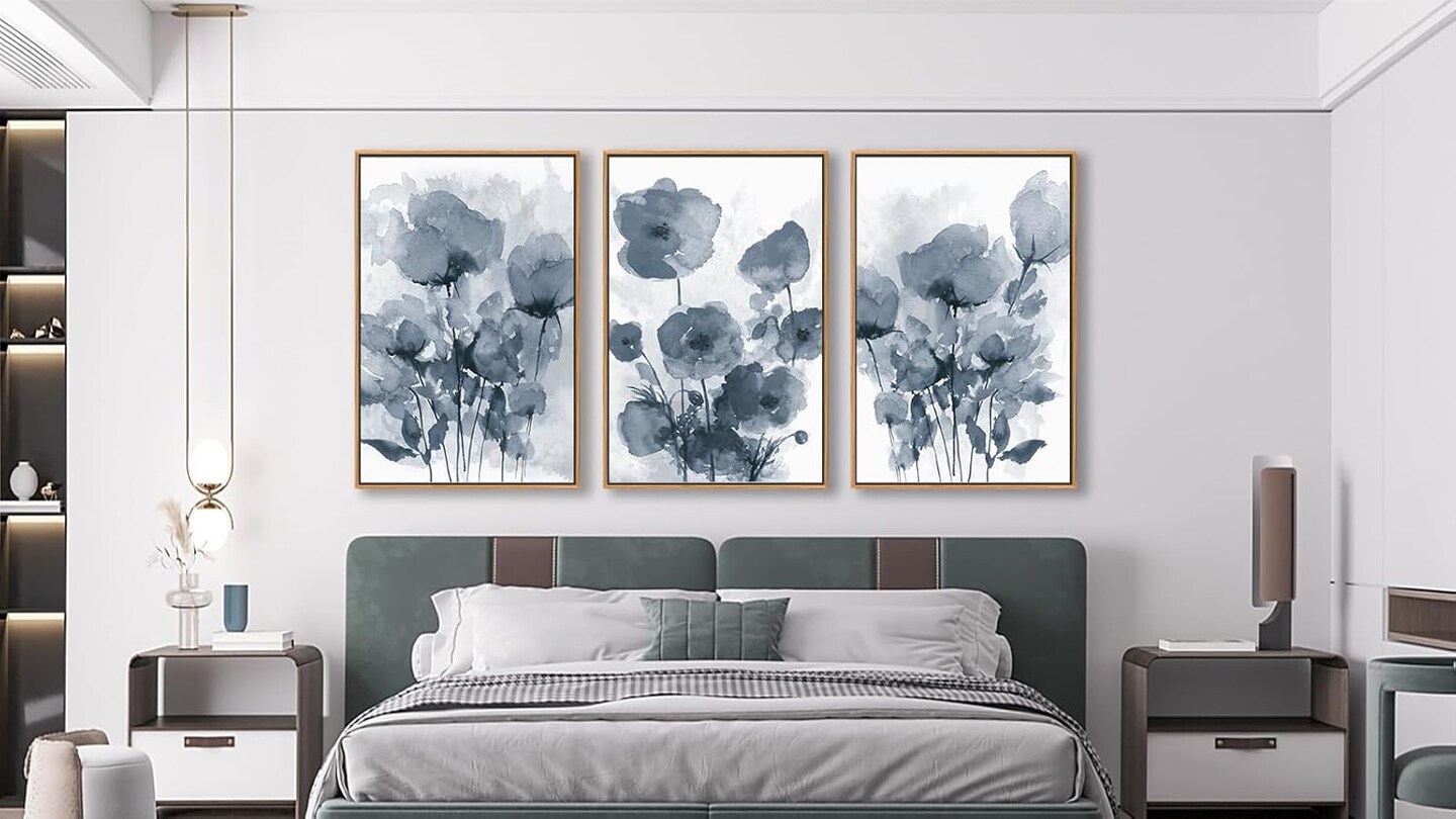 Botanical Framed Wall Art - Abstract Watercolor Style Pictures Grey Blue Floral Wall Decor ( 16&#x22; x 24&#x22; Set of 3 Natural Framed)
