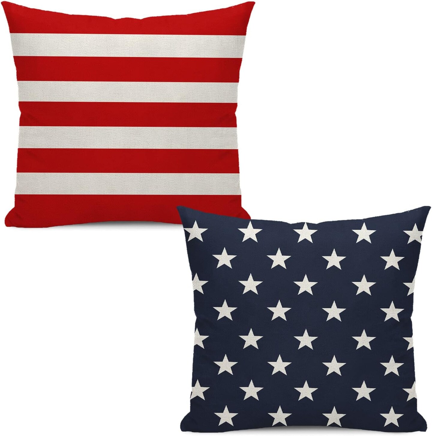 4th of July Throw Pillow Cover, 16x16 Inch Set of 2 Red Stripes Blue Stars Patriotic Decorative Outdoor Cushion Cover Memorial Independence Day Pillow Cases Linen Farmhouse for Sofa Couch Bed