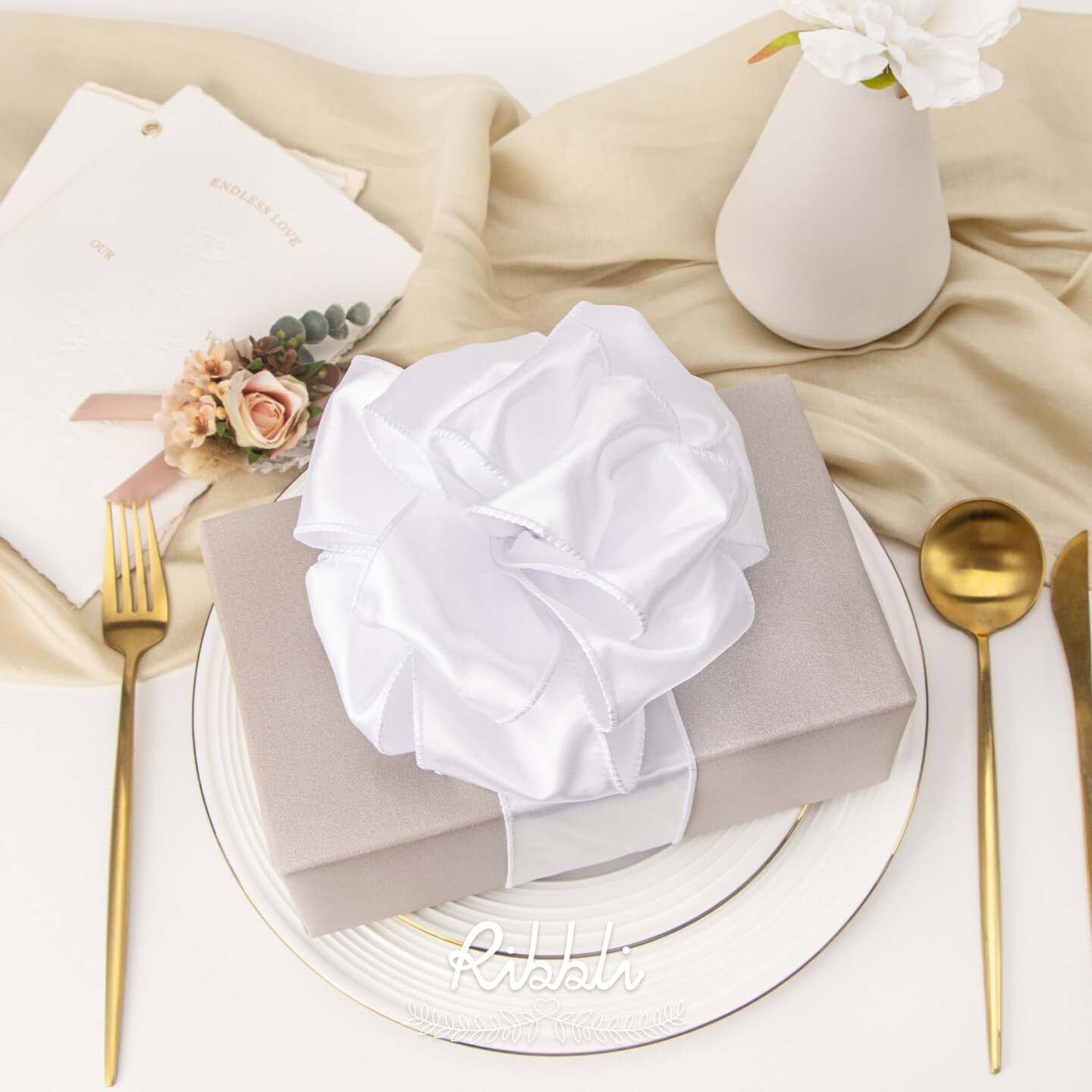 White Satin Wired Ribbon 2.5 Inch