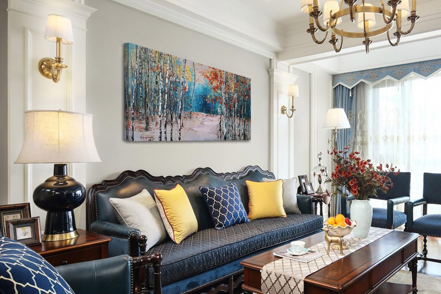 White Birch Tree Canvas Wall Art Blue Forest Painting Landscape Picture (48"x24")