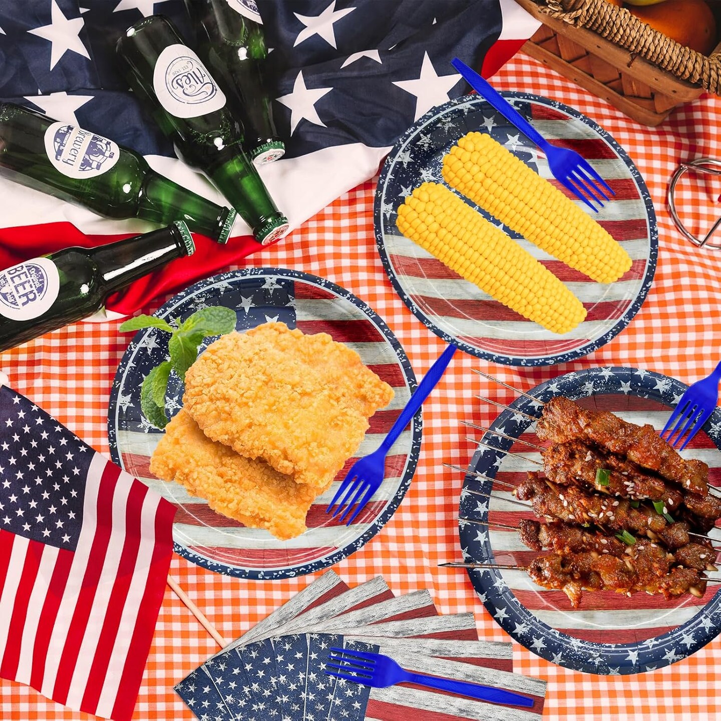 96 PCS Patriotic Tableware Set with Plates Napkins Forks American Flag Design for 4th of July