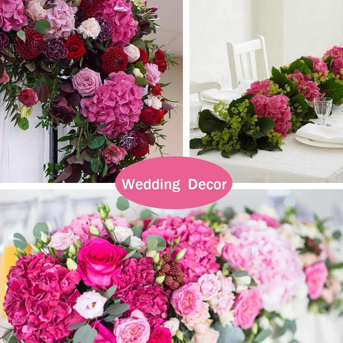 Spring Tabletop Decor – 20PCS Hot Pink Artificial Hydrangea Flowers, Faux Silk Fuchsia Hydrangeas with Stems for Wedding Bouquets, Table Centerpieces & Home Decor