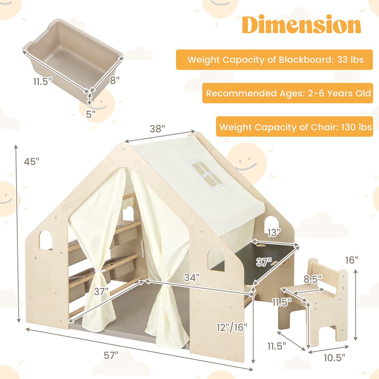 Kids 6-in-1 Playhouse Tent with Blackboard, Storage Bins and Floor Cushion