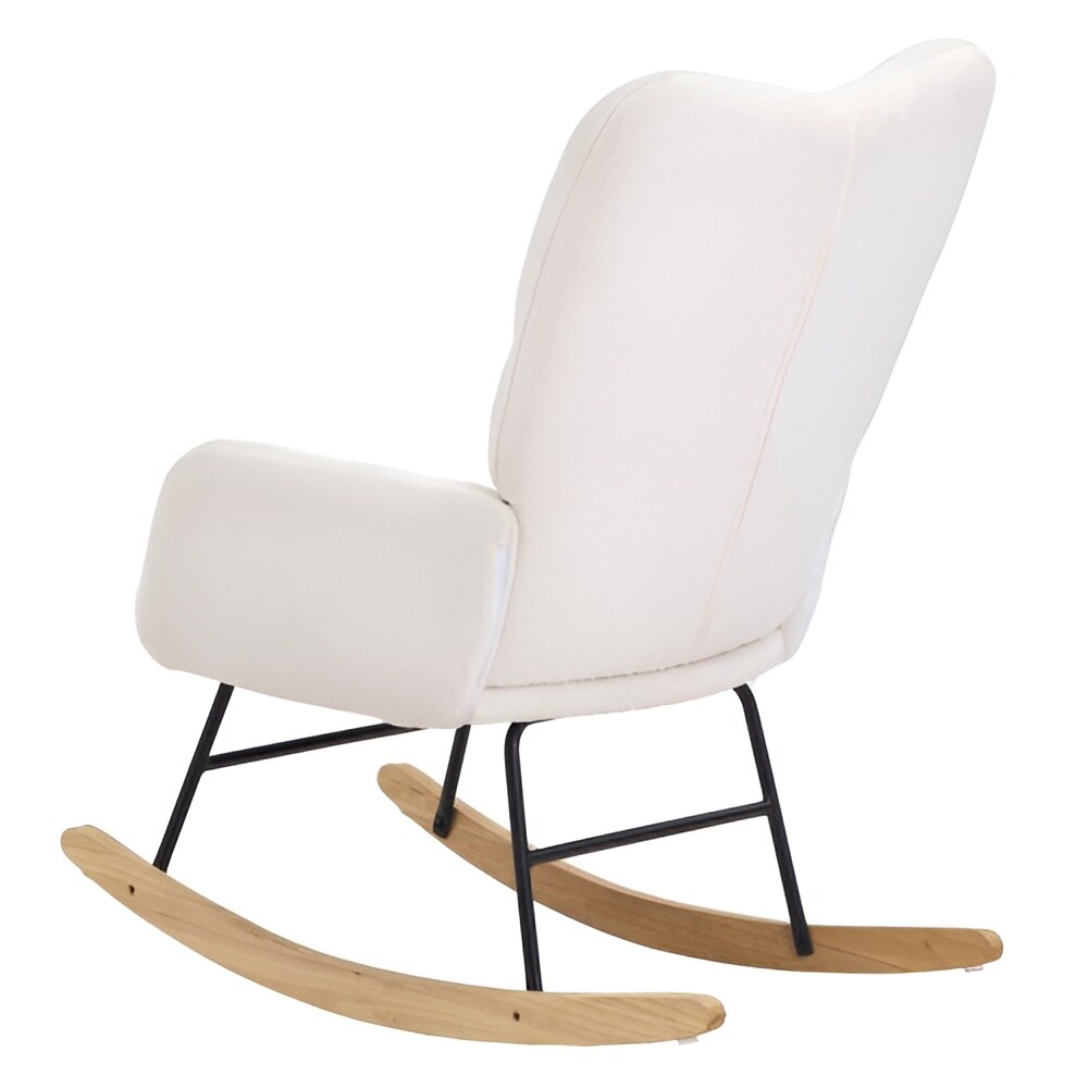 Ivory White Teddy Velvet Nursery Rocking Chair Ergonomic High-Back Glider with Rubberwood Base