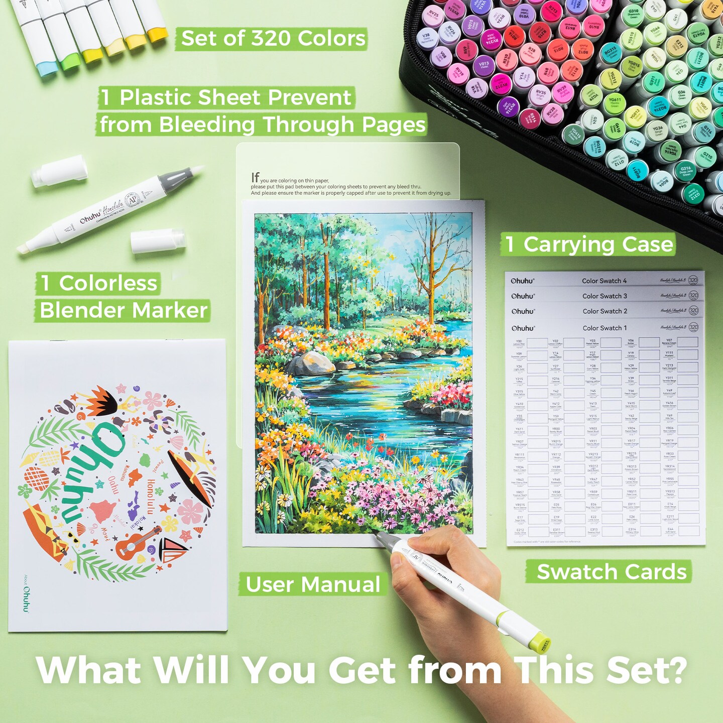 Ohuhu Alcohol Markers Brush Tip - 320-color Double Tipped Art Sketch Marker Set for Artists Adults Coloring Illustration -Brush &#x26; Chisel/ Brush &#x26; Fine Dual Tips - Honolulu/ Honolulu B Series of Ohuhu Markers - Refillable Ink