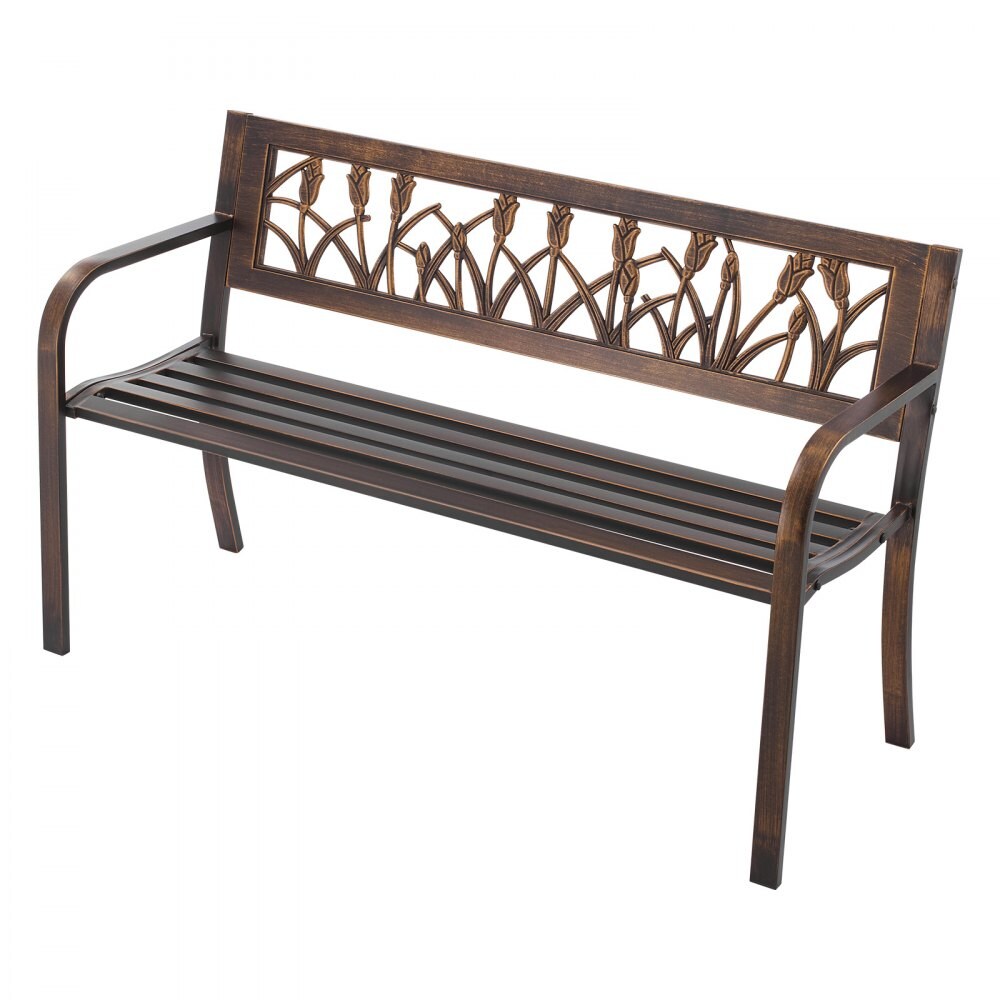 Antique Bronze Outdoor Patio Bench with Steel Frame and Floral PVC Backrest