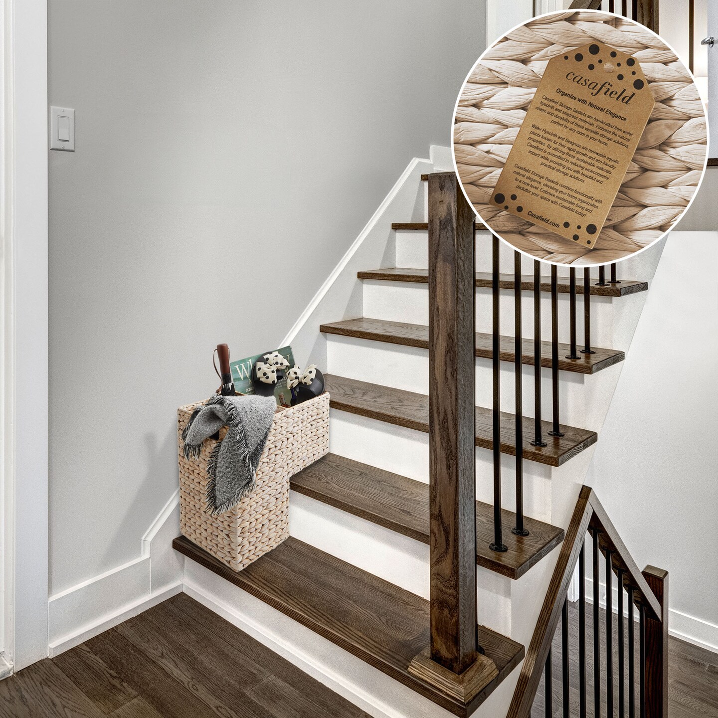 Casafield Stair Step Basket with Handles - Woven Water Hyacinth Staircase Basket Storage Bin Organizer