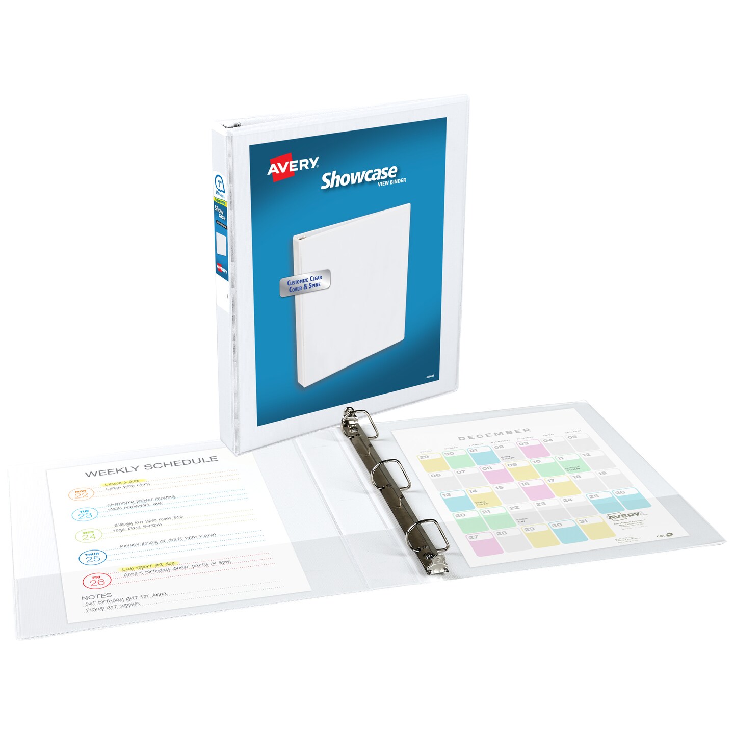 Avery Showcase Standard View 3 Ring Binders, 1" Slant Rings, 250-Sheet Capacity, 1.4 Inch Wide Spine, White Binders, Ideal for Lightweight Organization and Occasional Referencing (4-Pack of 22343)