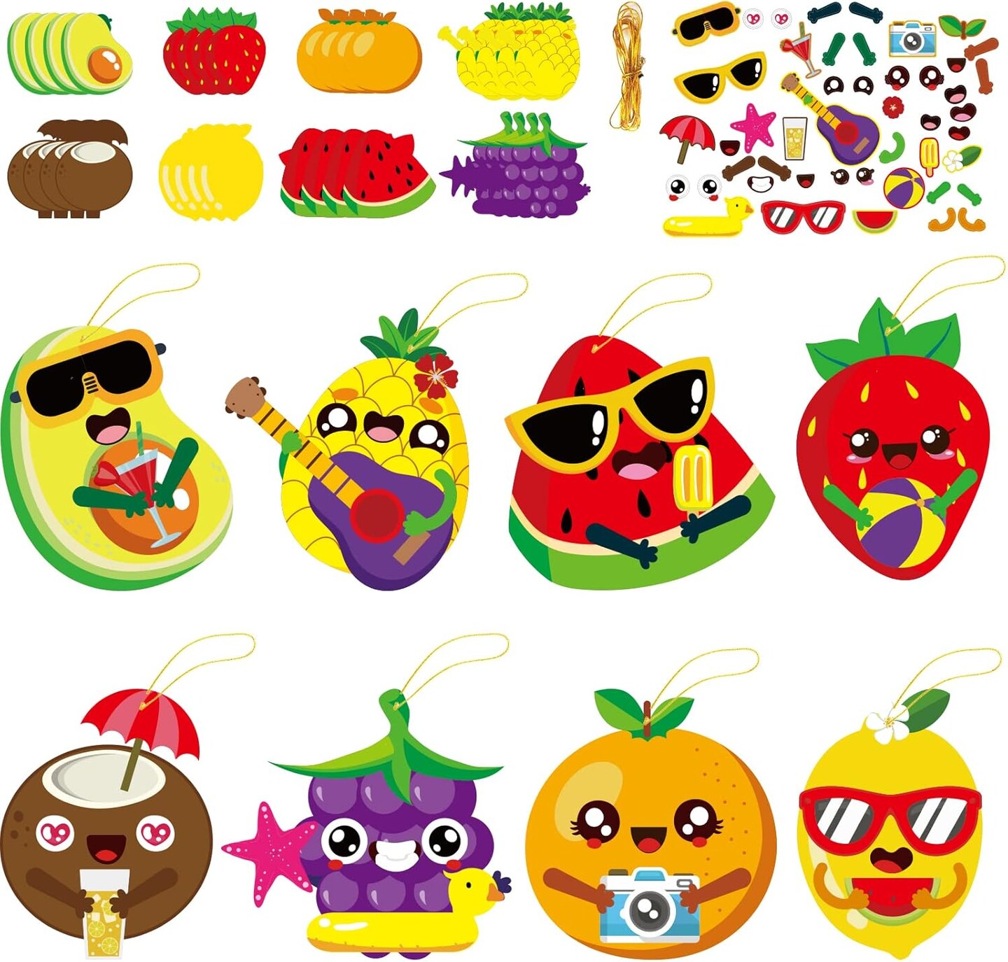 32‑Pack Hawaiian Fruit DIY Sticker Art Craft Kit for Kids | Summer Party Favors, Early Education & Classroom Fun Game Activities