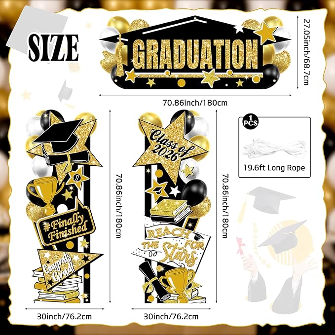 Class of 2026 Graduation Door Decorations - 3-Piece Black & Gold Congrats Grad Banner Set - Large Porch Sign & Backdrop Kit - Premium Indoor/Outdoor Party Supplies
