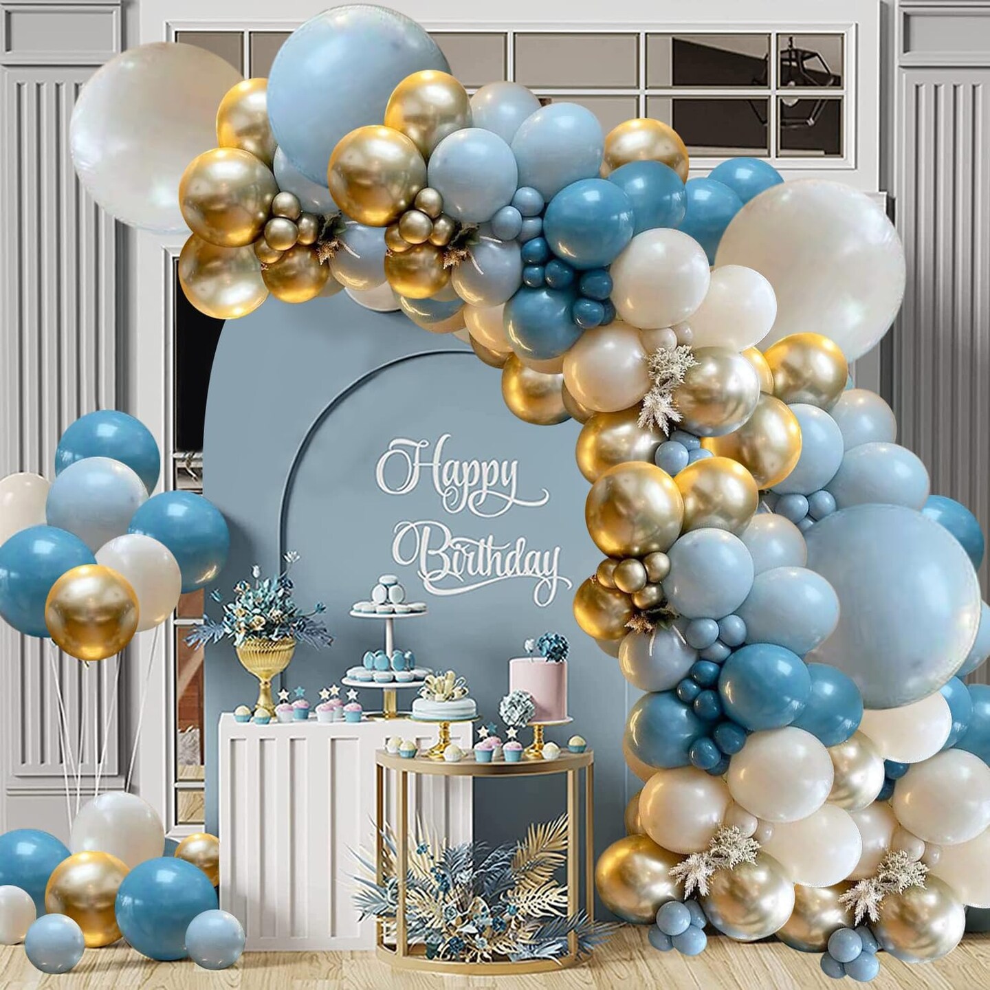 Dusty Blue Balloons Garland Kit, Fog Blue Royal Blue Pastel Blue Sand White Metallic Gold latex Balloons for Boy Baby Shower Bridal Shower Wedding Anniversary Birthday Party Decorations Supplies