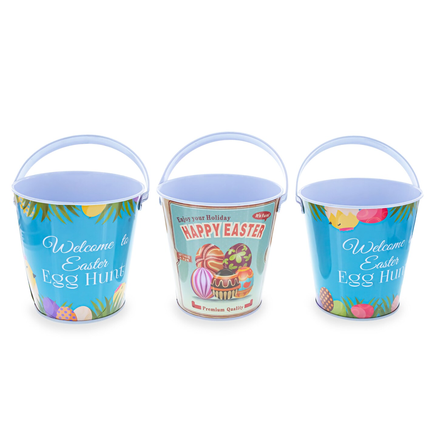 Set of 3 Easter Egg Hunt Buckets Metal Tin Pails with Handles for Kids Candy Gifts and Decor