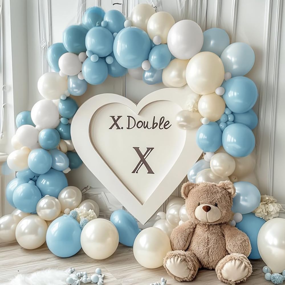 Pastel Blue White Balloon Arch Kit Double Stuffed Dusty Light Blue White Cream Balloon Garland for Baby Shower Birthday Wedding Boho Winter Party Decoration