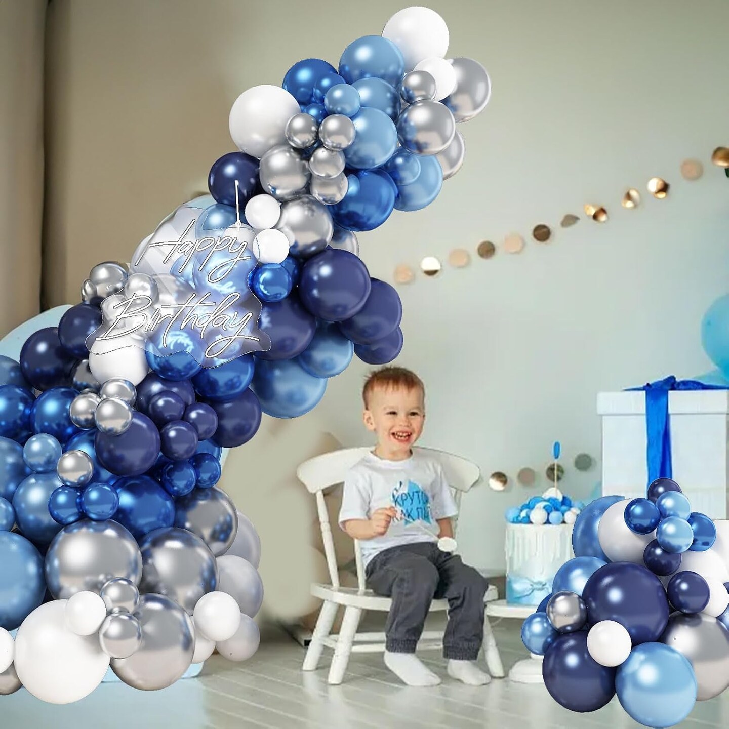 Blue White Silver Balloon Arch Kit, Navy Blue Silver White Balloon Garland with Metallic Dark Blue Light Blue Silver Balloons for Boys Men Birthday Baby Shower Graduation Wedding Party Decorations
