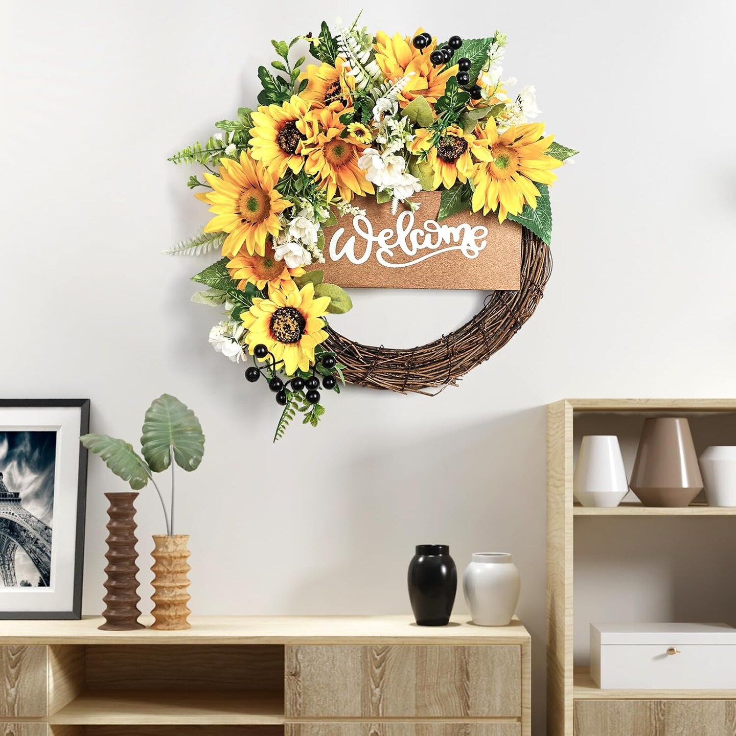 15“ Sunflower Summer Floral Wreath for Front Door with Welcome Sign,Sunflower Daisy Yellow Summer Wreath for Door Wall Front Porch Home Decoration Outdoor
