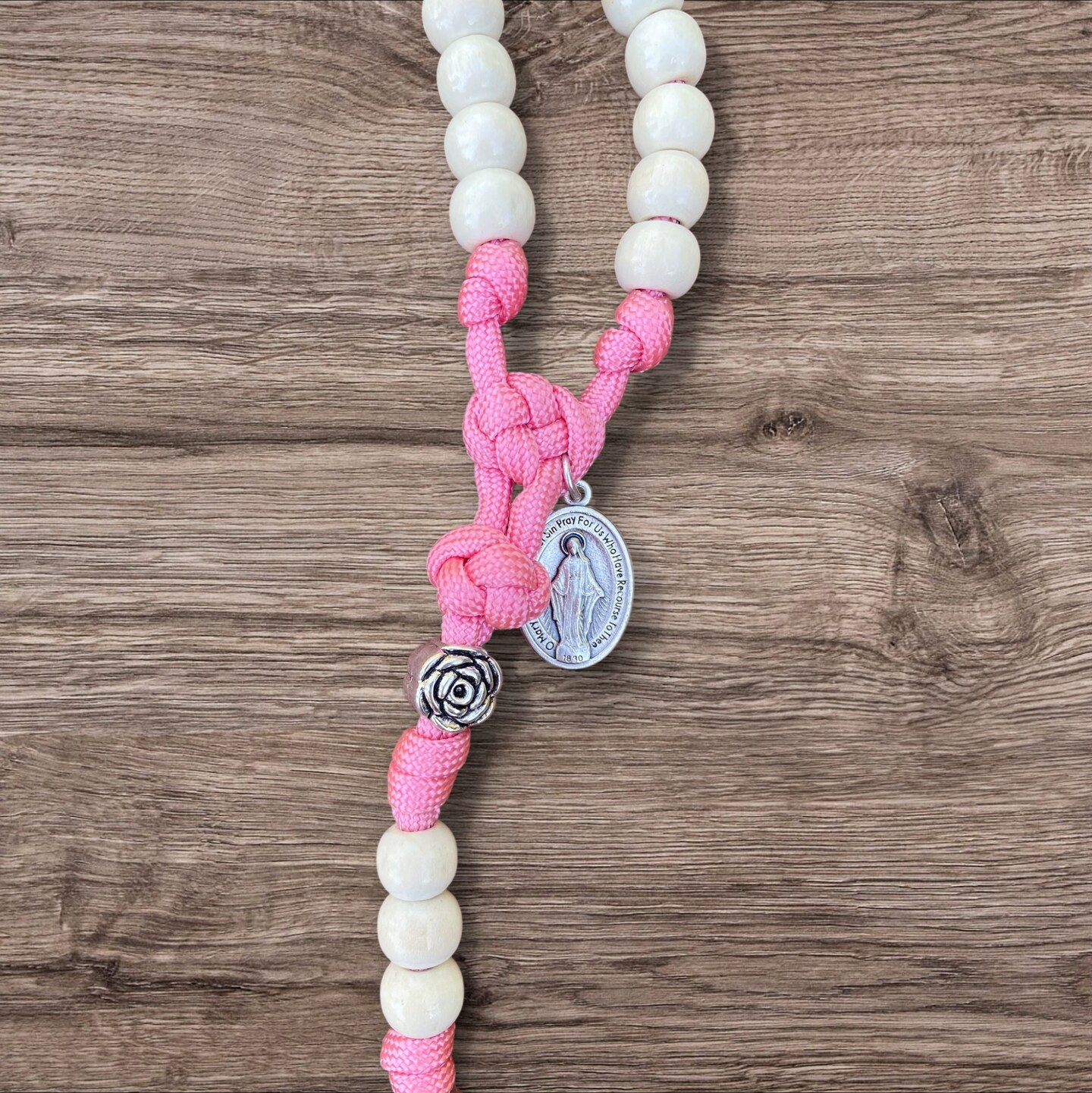 St Therese Paracord Rosary, Rose Crucifix, Pink Paracord Rose