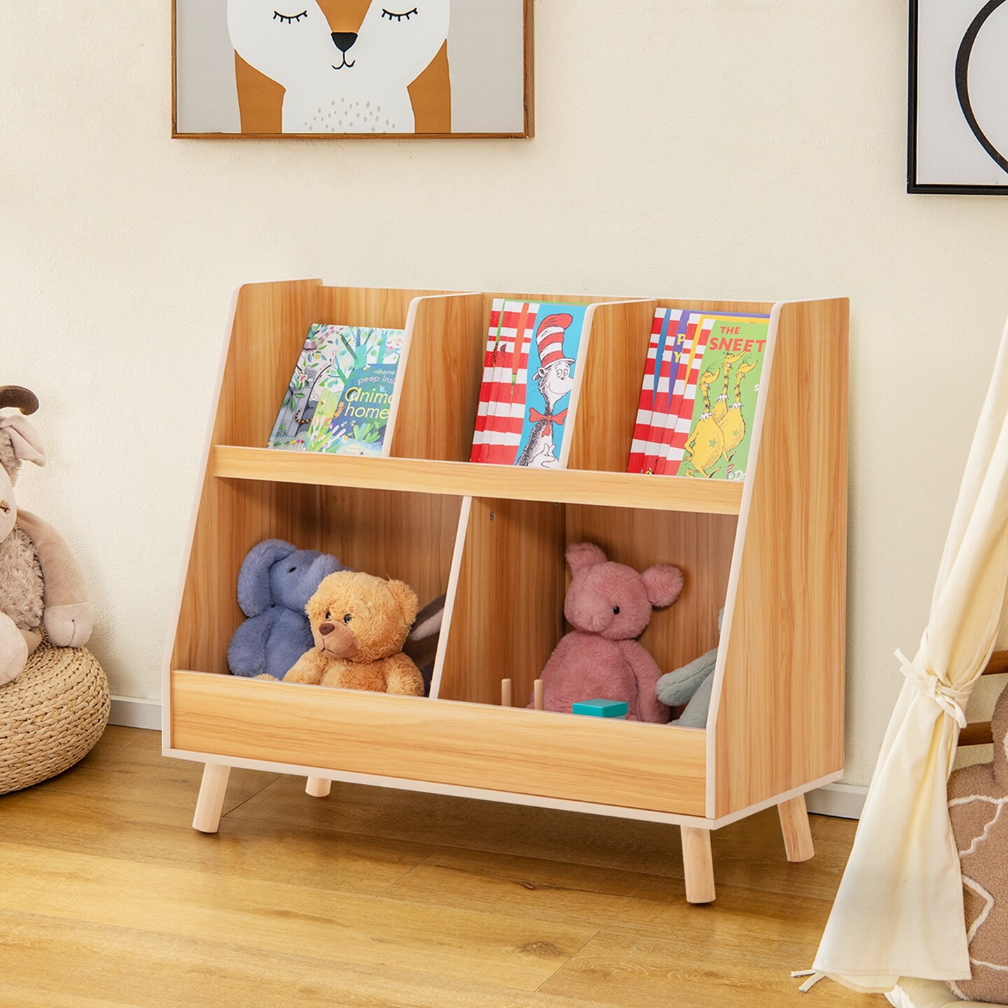 Costway 5-Cube Kids Bookshelf and Toy Organizer Wooden Storage Bookcase with Wood Legs Natural/White/Beige