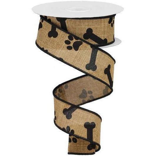 1.5&#x22; Paw Print Royal Ribbon: Tan &#x26; Black (10 Yards)