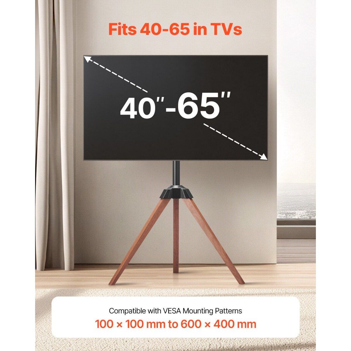 Tripod TV Stand for 40-65" TVs with Oak Wood Legs, 18° Rotation