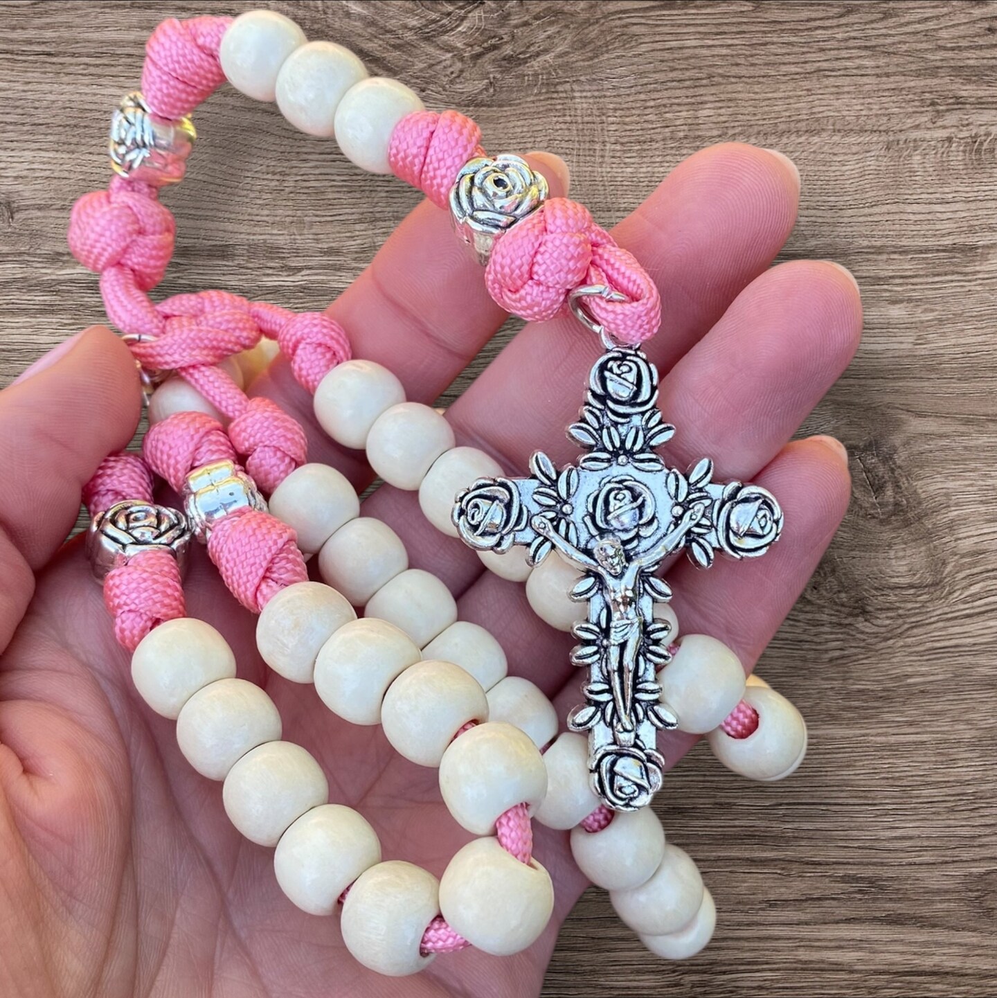 St Therese Paracord Rosary, Rose Crucifix, Pink Paracord Rose