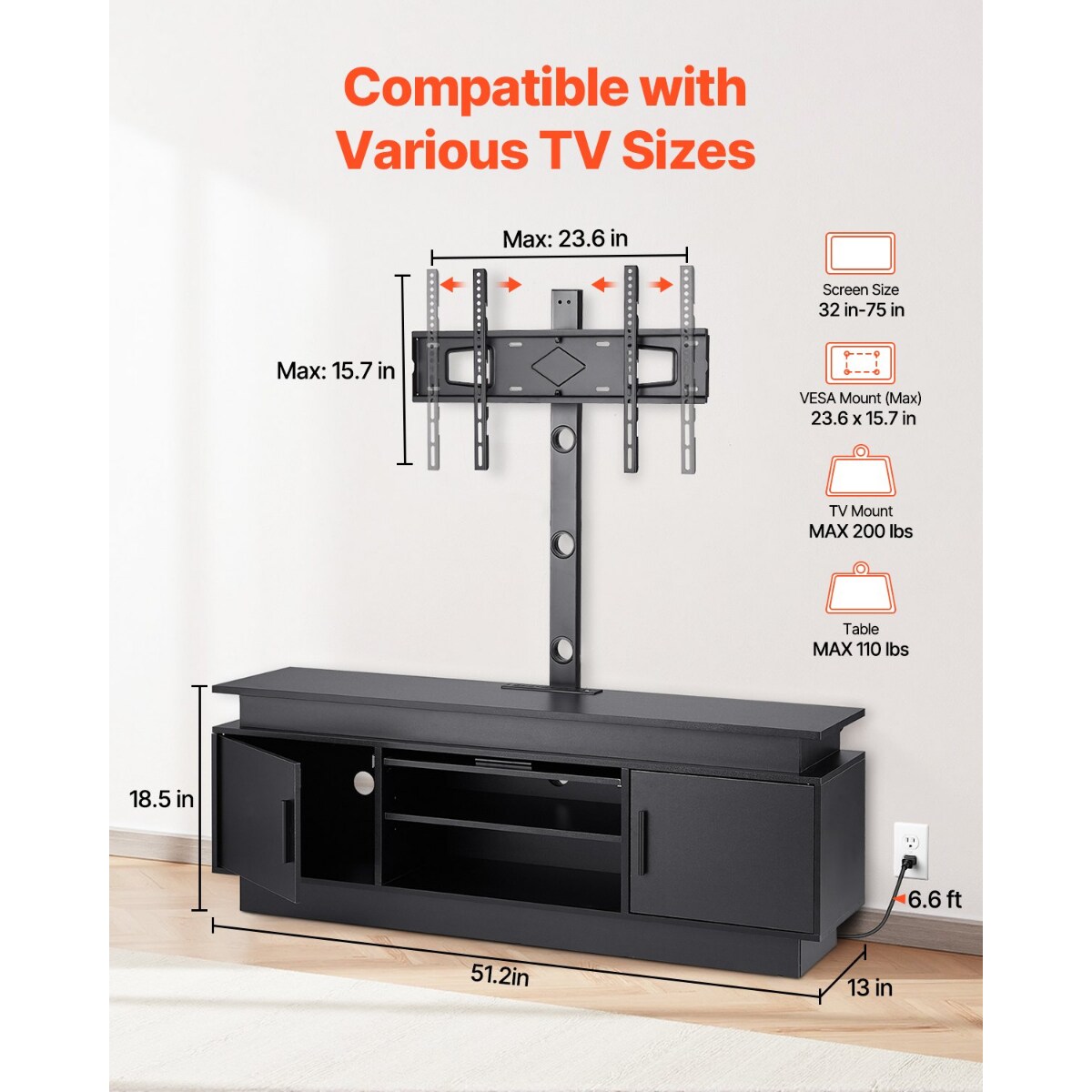52 Inch TV Stand with Mount, LED Lights & Power Outlet, Adjustable Height
