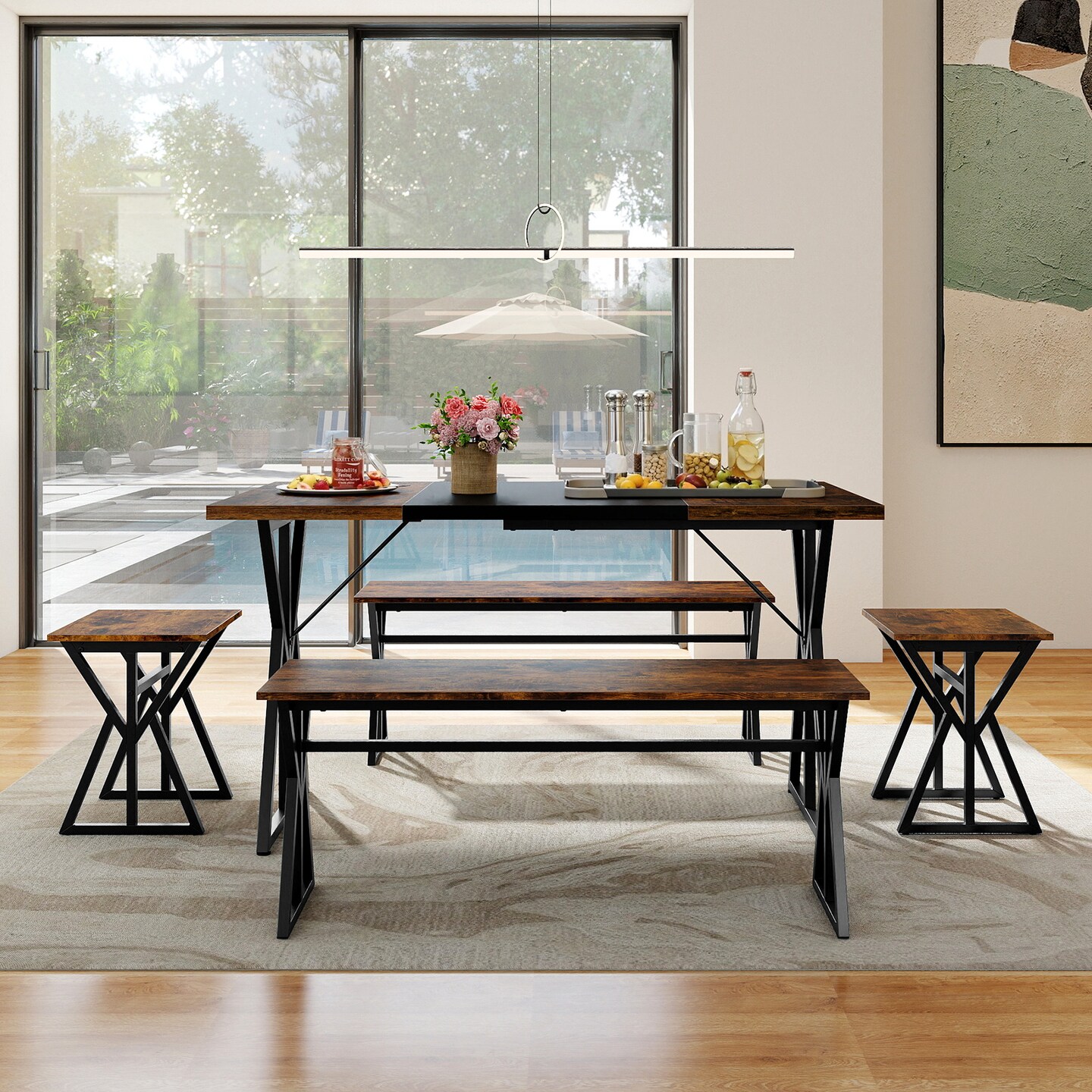 Rustic 5 Piece Dining Table Set Space Saving Benches and Stools Rustic Brown Black