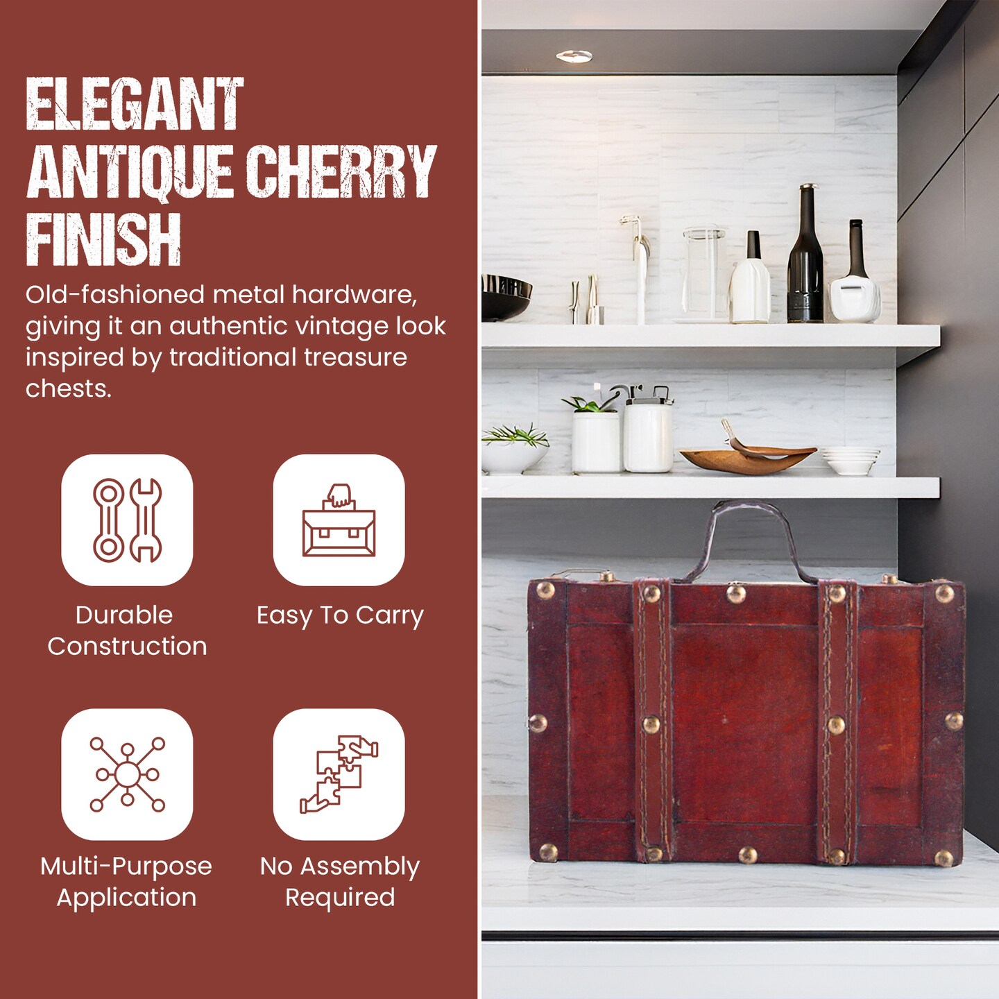 Wooden Vintage Luggage Trunks - Antique Carry-on Suitcase Storage Box with Hinged Lids, Old-Fashioned Decorative Box