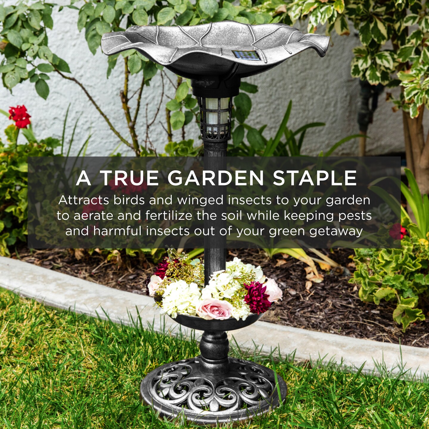 Best Choice Products Solar Lighted Pedestal Bird Bath w/ Planter, Integrated Panel