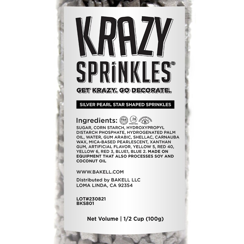 Krazy Sprinkles - Shiny Silver Pearl Stars (1/2 Cup 1x Jar)