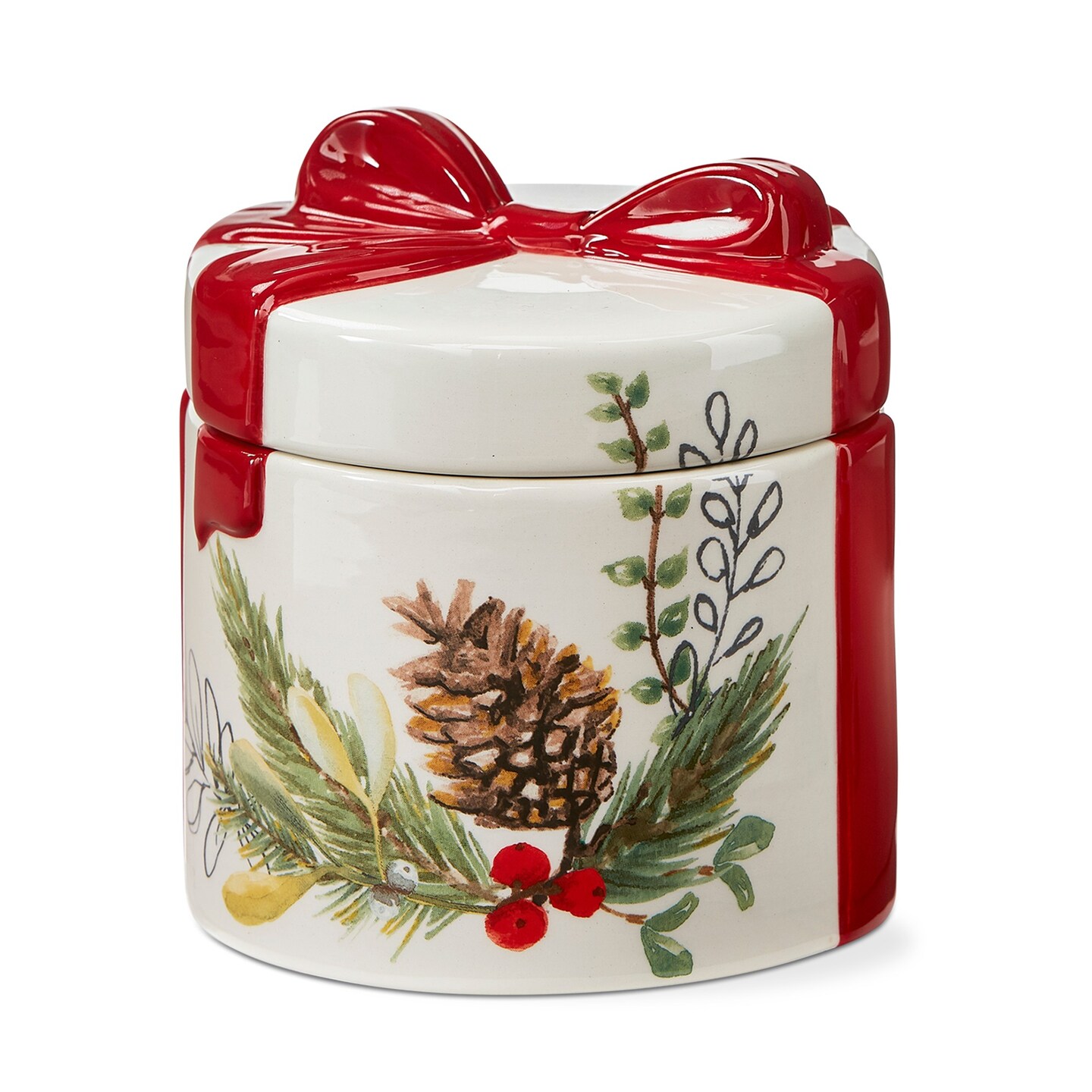 Mistletoe &#x26; Holly Antique White Dolomite Candy Jar Pinecone with Greenery and Red Ribbon Bow, 20 oz.