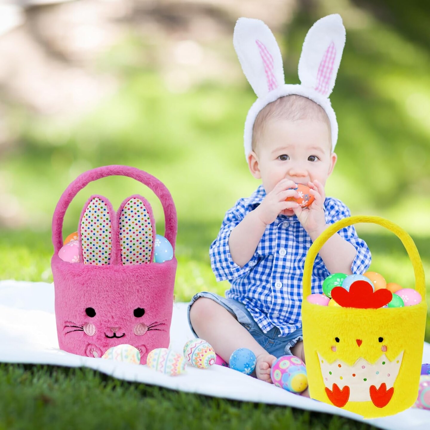 Easter Bunny Basket Egg Buckets Gifts Tote Bags, Canvas Cotton Pink Cute Personalized Egg Hunt Basket Stuffers for Easter Party