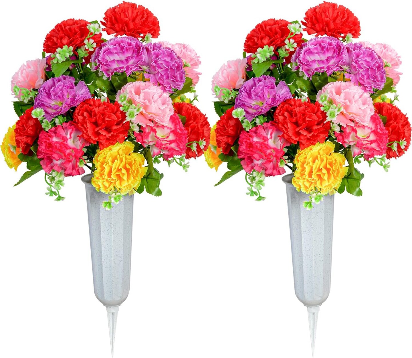 Set of 2 Artificial Carnation Cemetery Bouquets with Vases for Grave & Memorial Decoration